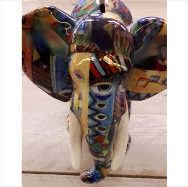 Olifant spaarpot in donkere, bonte kleuren