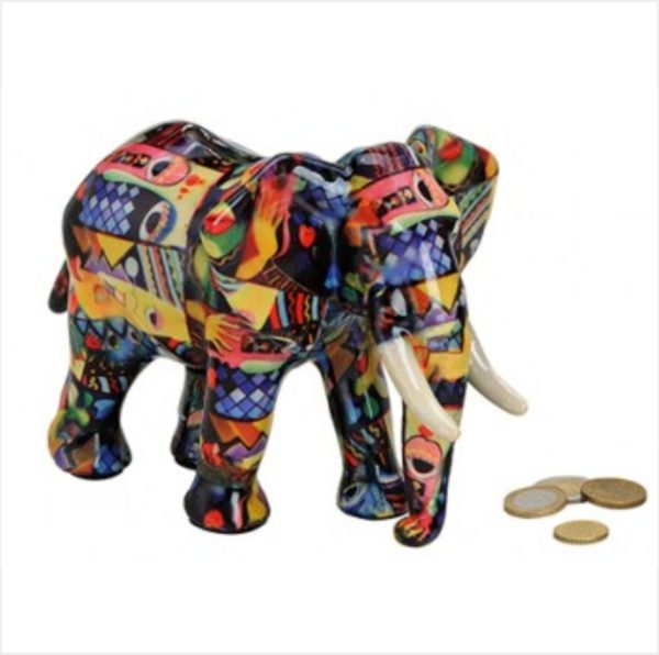 Olifant spaarpot in donkere, bonte kleuren