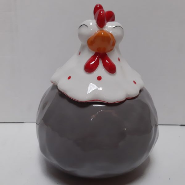 voorraadpot kip in grijs rood en wit 19cm hoog