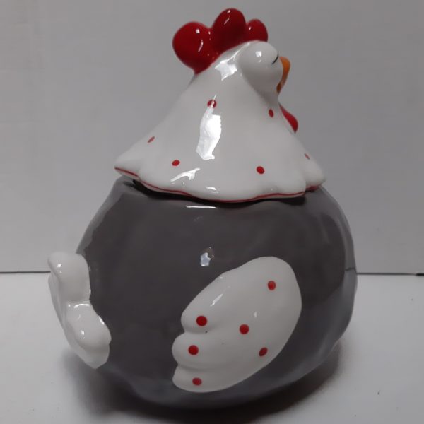 voorraadpot kip in grijs rood en wit 19cm hoog