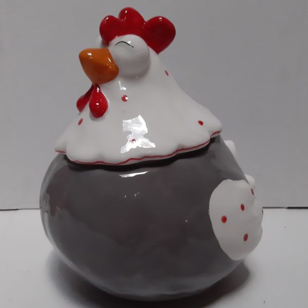 voorraadpot kip in grijs rood en wit 19cm hoog